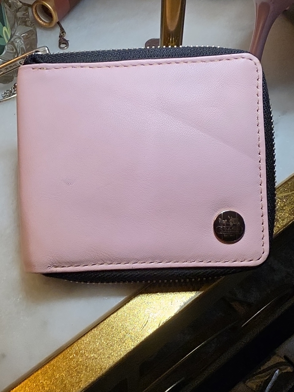Coach Light Pink Zip-Around Card Holder with Metal Logo